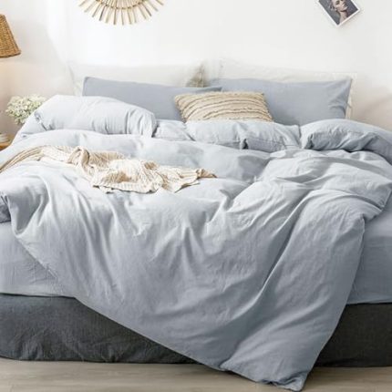 MooMee Bedding Duvet Cover Set 100% Washed Cotton Linen Like Textured Breathable Durable Soft Comfy (Cornflower Blue. Queen)